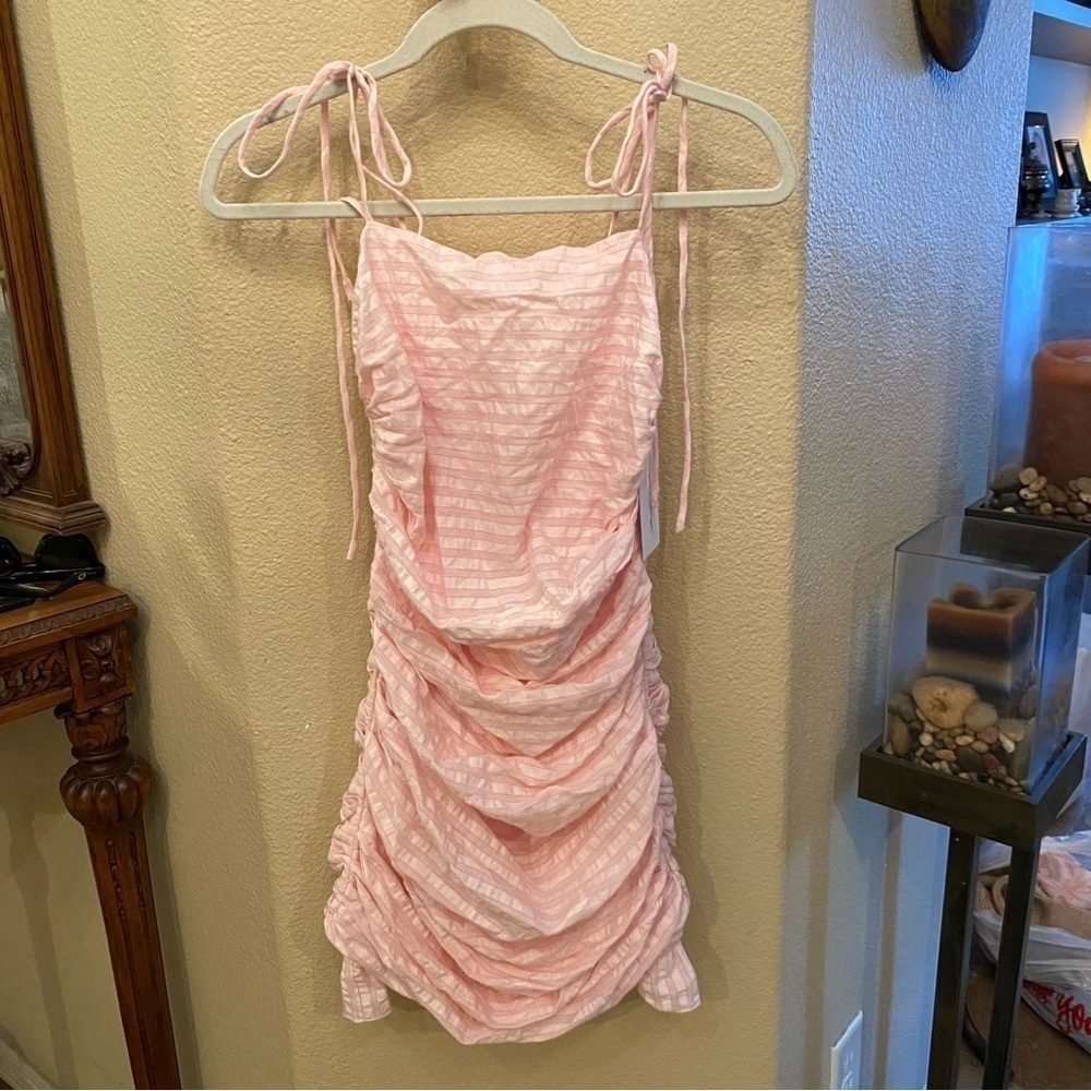 NWT~LOVERS + FRIENDS Valentine Pink Striped Amy Mini Ruch Ruffled Dress Size XS